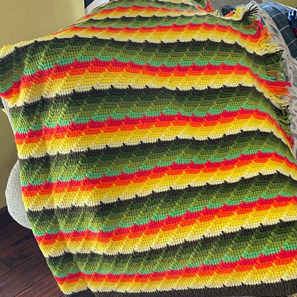 Handmade Red Green Yellow Bright Stripes Crochet Lap Blanket Afghan 42x57”